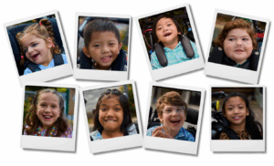 Image containing eight smaller images, made to look like poloroid pictures, of current students of the Bridge School