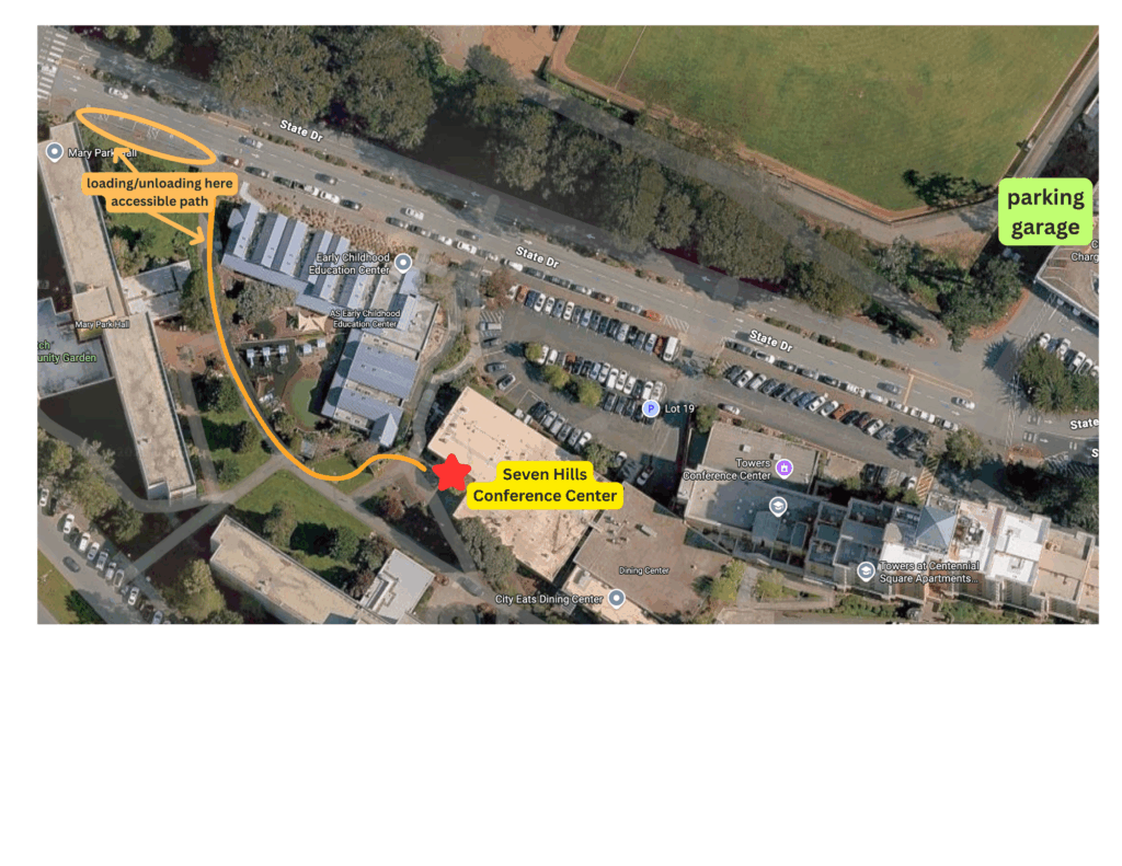 Ariel view of Seven Hills Conference Center and parking available adjacent to the venue.  Park in the loading spaces, walk up the accessbile path to the entrance.  